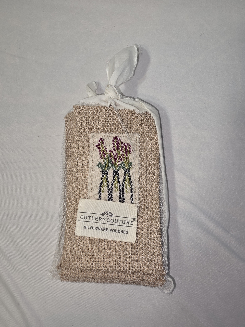 Cutlery Couture Beige Burlap Silverware Pouch with Floral Stitch